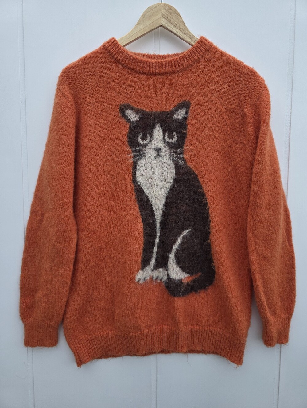 OXKnit Cat Crewneck Orange Wool Blend Fuzzy Sweater Womens Large